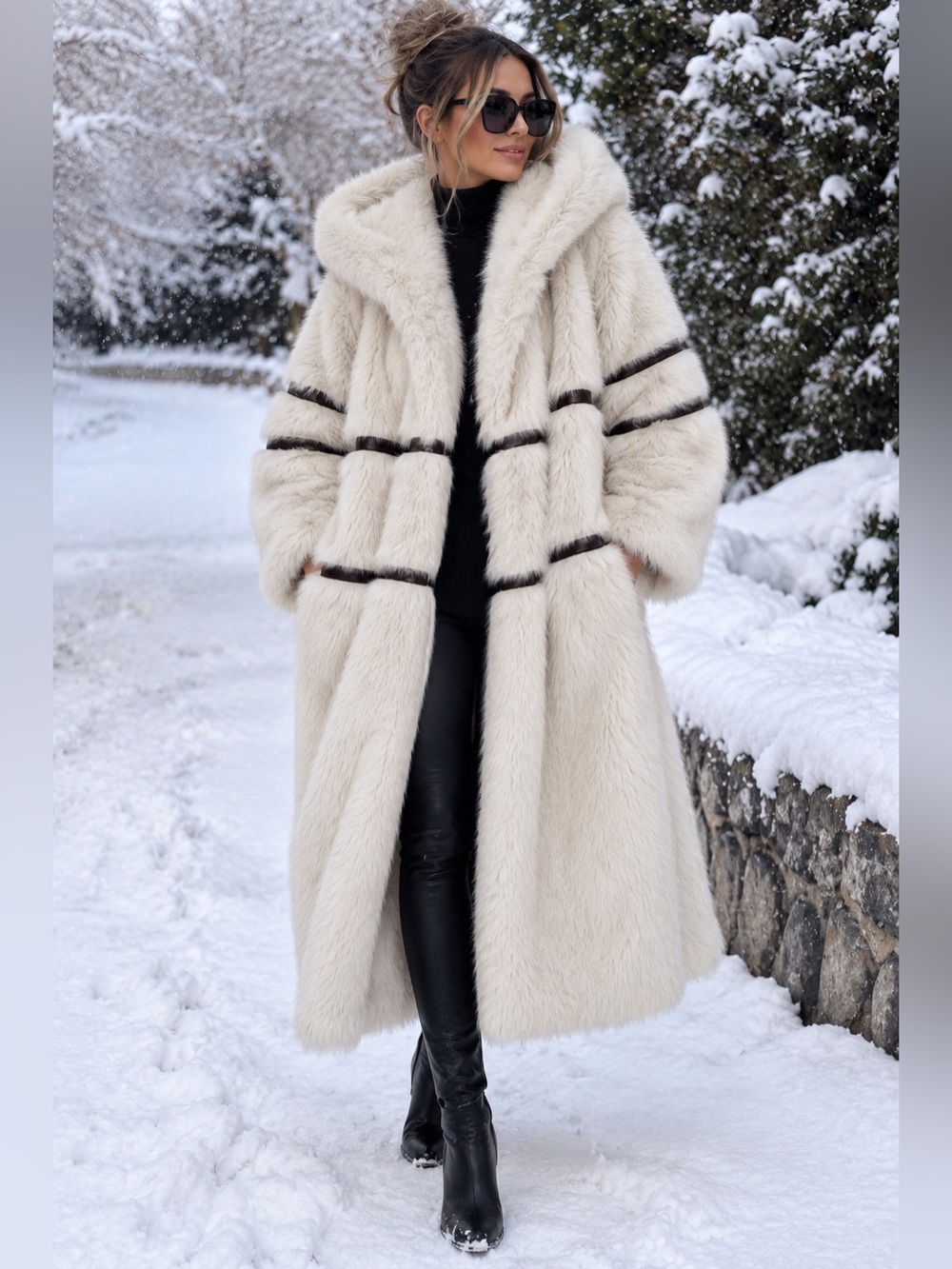 PrettyLittleThing White Faux Fur Maxi Coat Trim Hooded Glam Winter